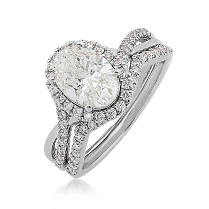 Adamante 2 ct. tw. Lab-Grown Oval Diamond Halo Twist Wedding Set 14K White Gold front view