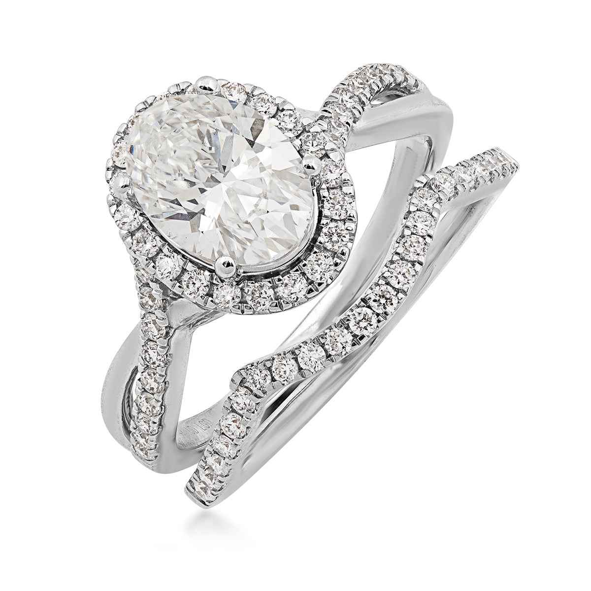 Adamante 2 ct. tw. Lab-Grown Oval Diamond Halo Twist Wedding Set 14K White Gold close-up detail