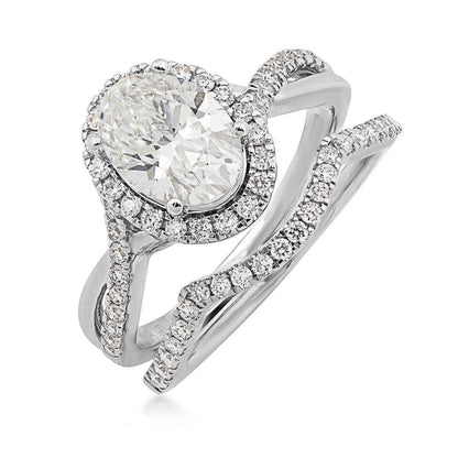 Adamante 2 ct. tw. Lab-Grown Oval Diamond Halo Twist Wedding Set 14K White Gold close-up detail