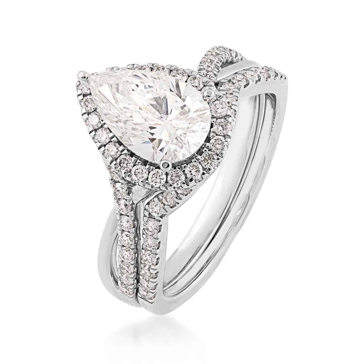 Adamante 2 ct. tw. Lab-Grown Pear Diamond Halo Twist Band Wedding Set in 14K White Gold front view