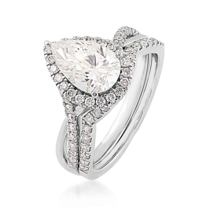 Adamante 2 ct. tw. Lab-Grown Pear Diamond Halo Twist Band Wedding Set in 14K White Gold front view