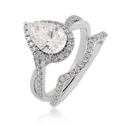 Adamante 2 ct. tw. Lab-Grown Pear Diamond Halo Twist Band Wedding Set in 14K White Gold close-up detail