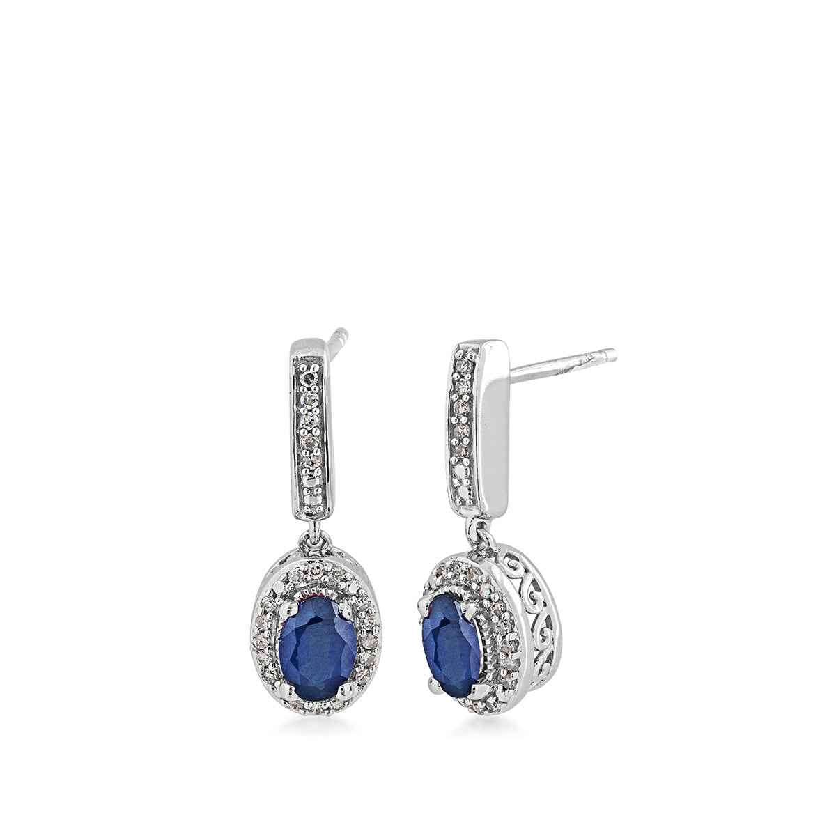 Blue Oval Sapphire and 1/10 ct. tw. Diamond Halo Earrings with Milgrain and Filigree Design in 10K White Gold