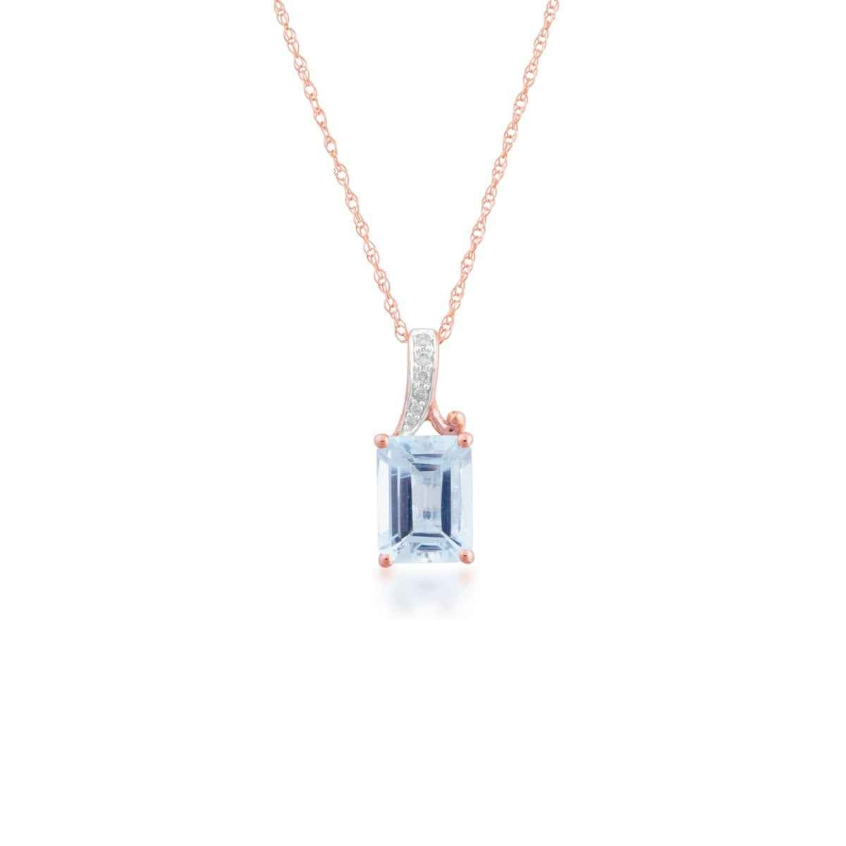 Emerald Cut Aquamarine & Diamond Accent Pendant in 10K Pink Gold