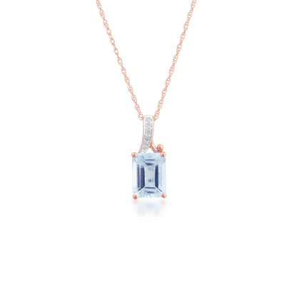 Emerald Cut Aquamarine & Diamond Accent Pendant in 10K Pink Gold