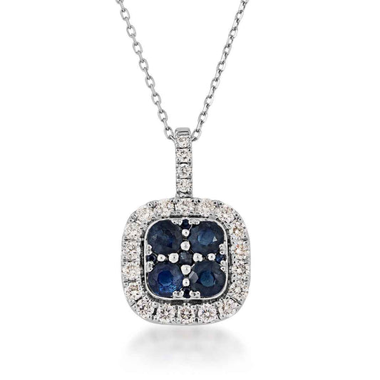 Sapphire Cushion Cluster and 1/2 ct. tw. Diamond Halo Pendant in 10K White Gold