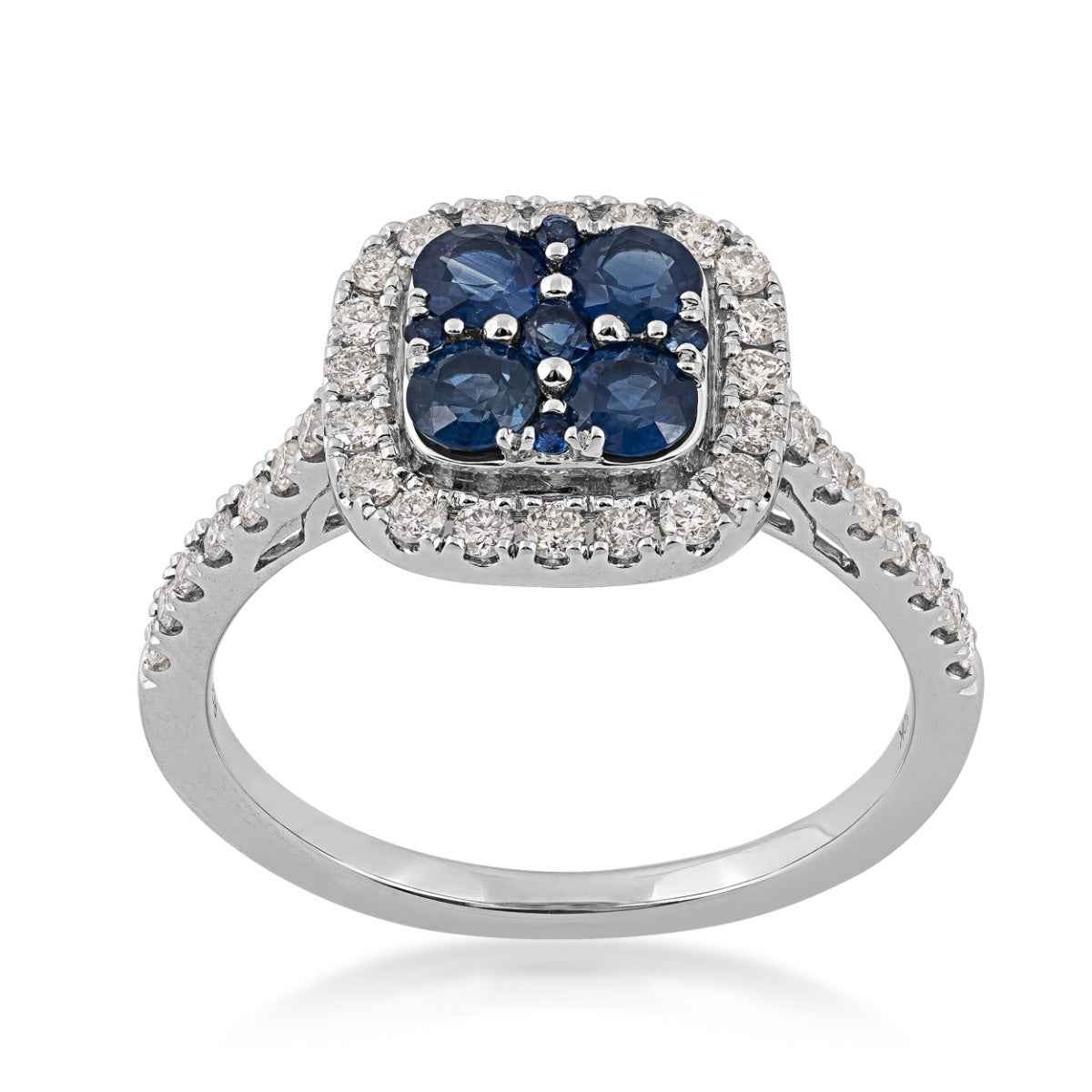 Sapphire Cushion Cluster and 3/8 ct. tw. Diamond Halo Ring in 10K White Gold
