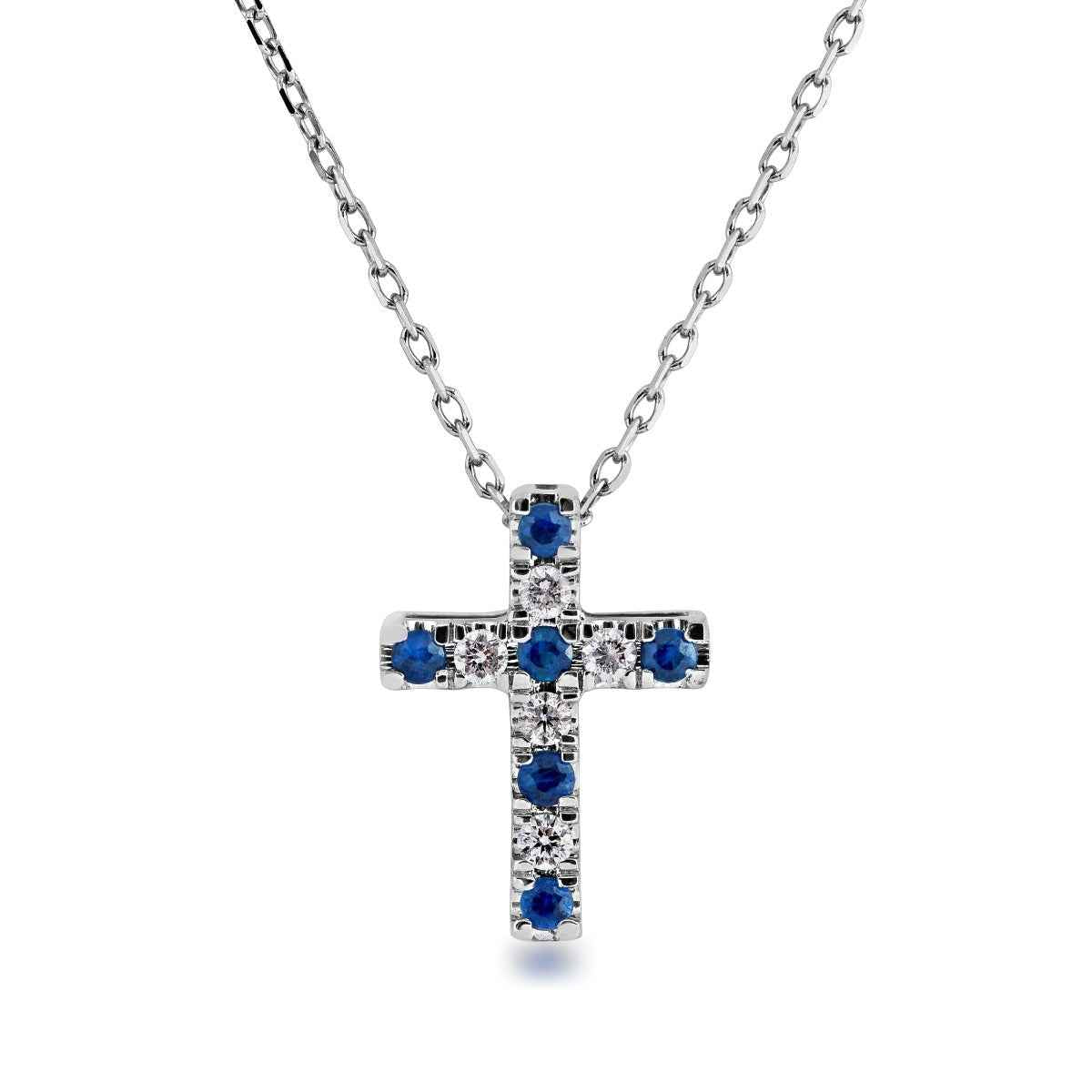 Sapphire and Diamond Cross Pendant in 10K White Gold