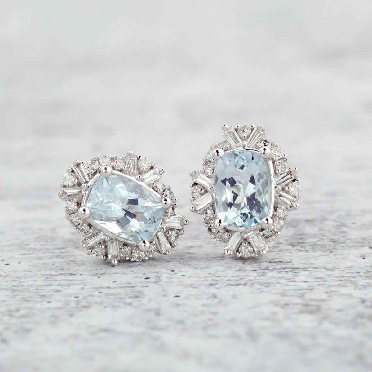 Cushion Aquamarine & 3/8 ct. tw. Round & Baguette Diamond Halo Earrings in 10K White Gold front view