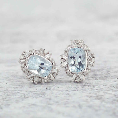 Cushion Aquamarine & 3/8 ct. tw. Round & Baguette Diamond Halo Earrings in 10K White Gold front view