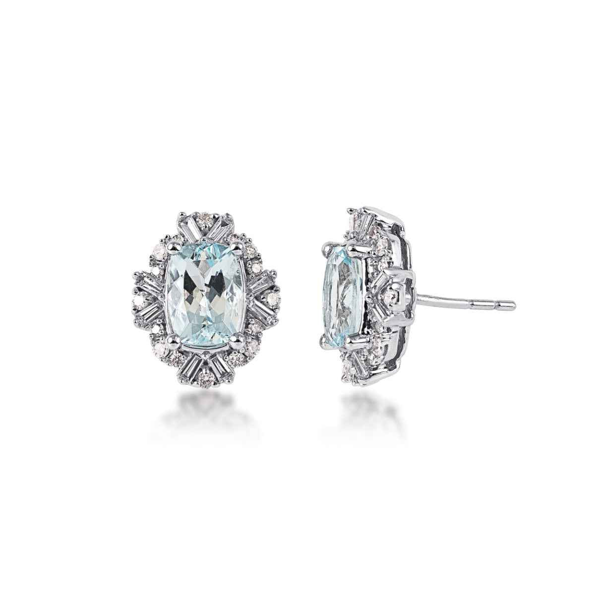 Cushion Aquamarine & 3/8 ct. tw. Round & Baguette Diamond Halo Earrings in 10K White Gold
