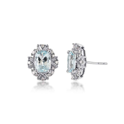 Cushion Aquamarine & 3/8 ct. tw. Round & Baguette Diamond Halo Earrings in 10K White Gold