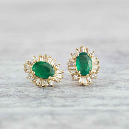 Emerald and Diamond 1/4 ct. tw. Round and Baguette Halo Earrings in 10K Yellow Gold front view