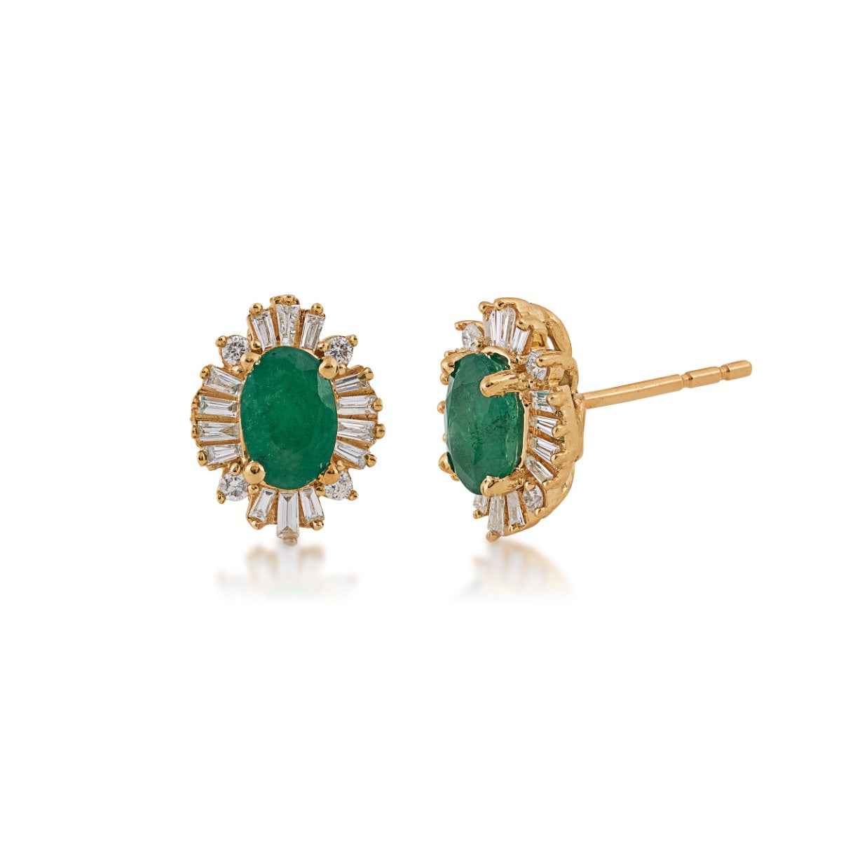Emerald and Diamond 1/4 ct. tw. Round and Baguette Halo Earrings in 10K Yellow Gold