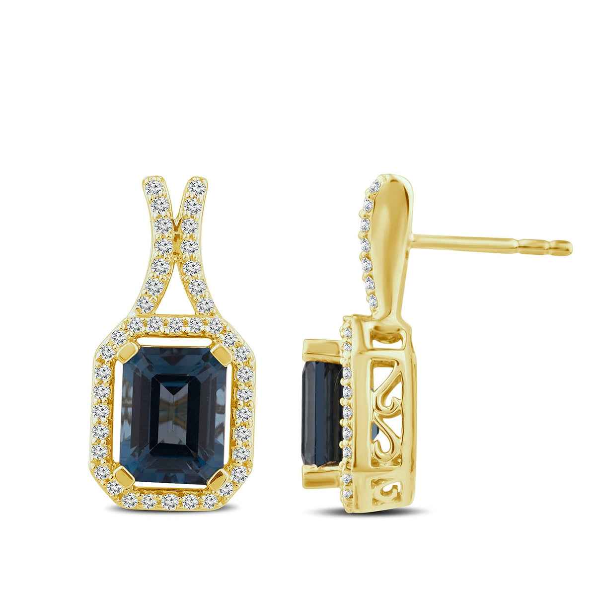 Emerald Cut London Blue Topaz & 3/8 ct. tw. Diamond Halo Drop Earrings in 10K Yellow Gold