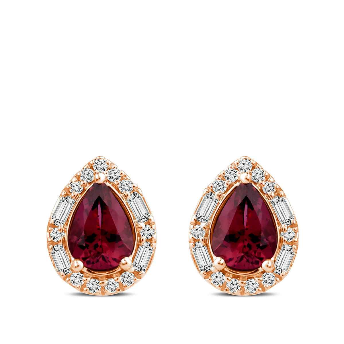 Pear Rhodolite Garnet & 1/3 ct. tw. Diamond Halo Earrings in 10K Pink Gold