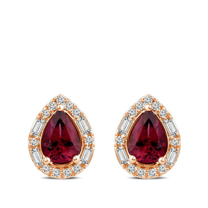 Pear Rhodolite Garnet & 1/3 ct. tw. Diamond Halo Earrings in 10K Pink Gold