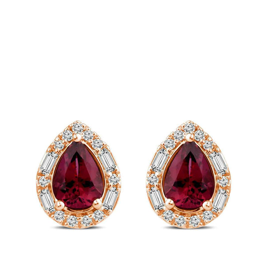 Pear Rhodolite Garnet & 1/3 ct. tw. Diamond Halo Earrings in 10K Pink Gold