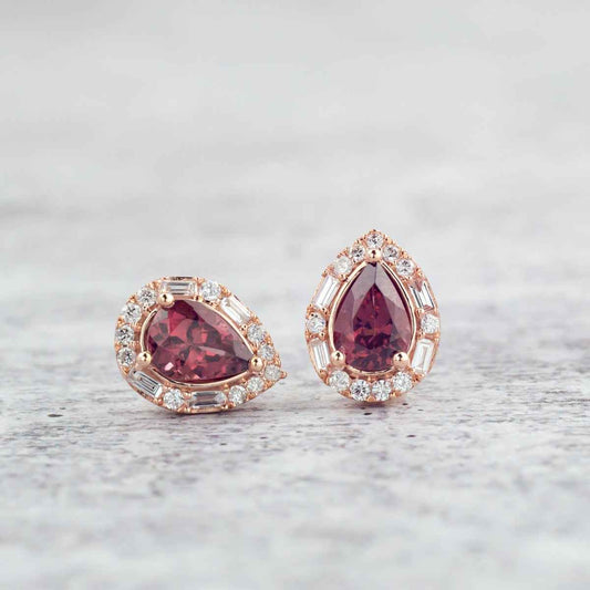 Pear Rhodolite Garnet & 1/3 ct. tw. Diamond Halo Earrings in 10K Pink Gold front view