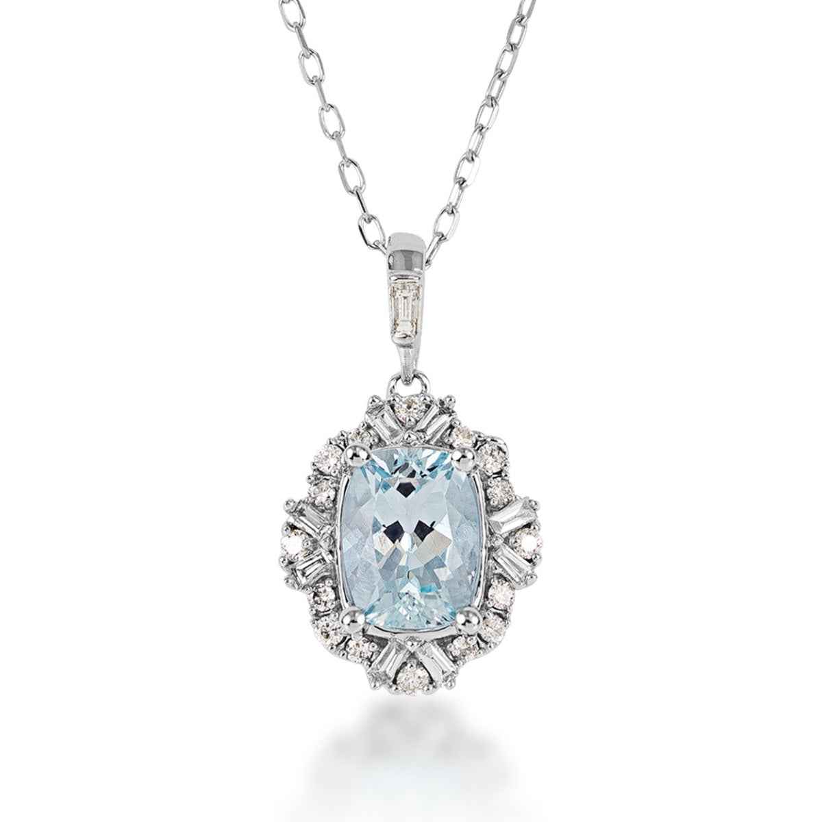 Cushion Aquamarine & 1/4 ct. tw. Round & Baguette Diamond Halo Pendant in 10K White Gold