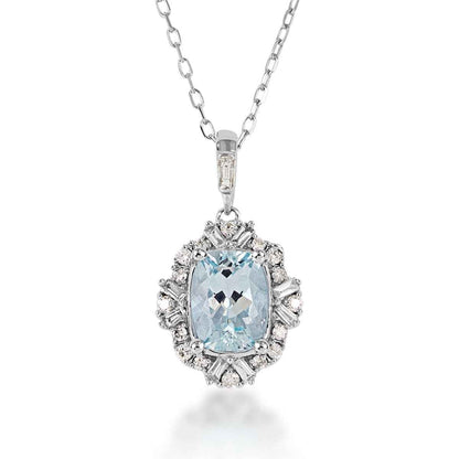 Cushion Aquamarine & 1/4 ct. tw. Round & Baguette Diamond Halo Pendant in 10K White Gold