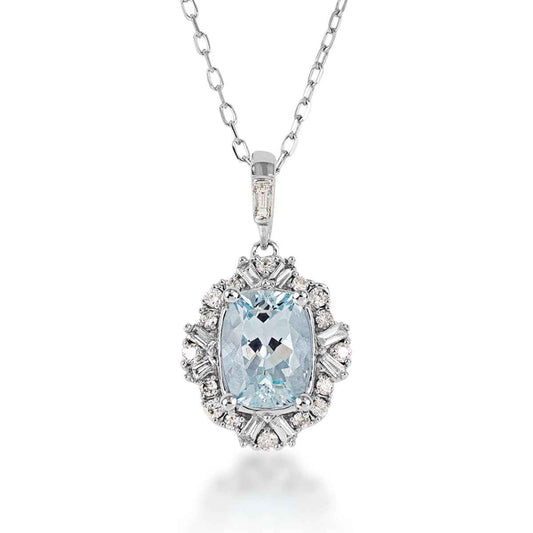 Cushion Aquamarine & 1/4 ct. tw. Round & Baguette Diamond Halo Pendant in 10K White Gold