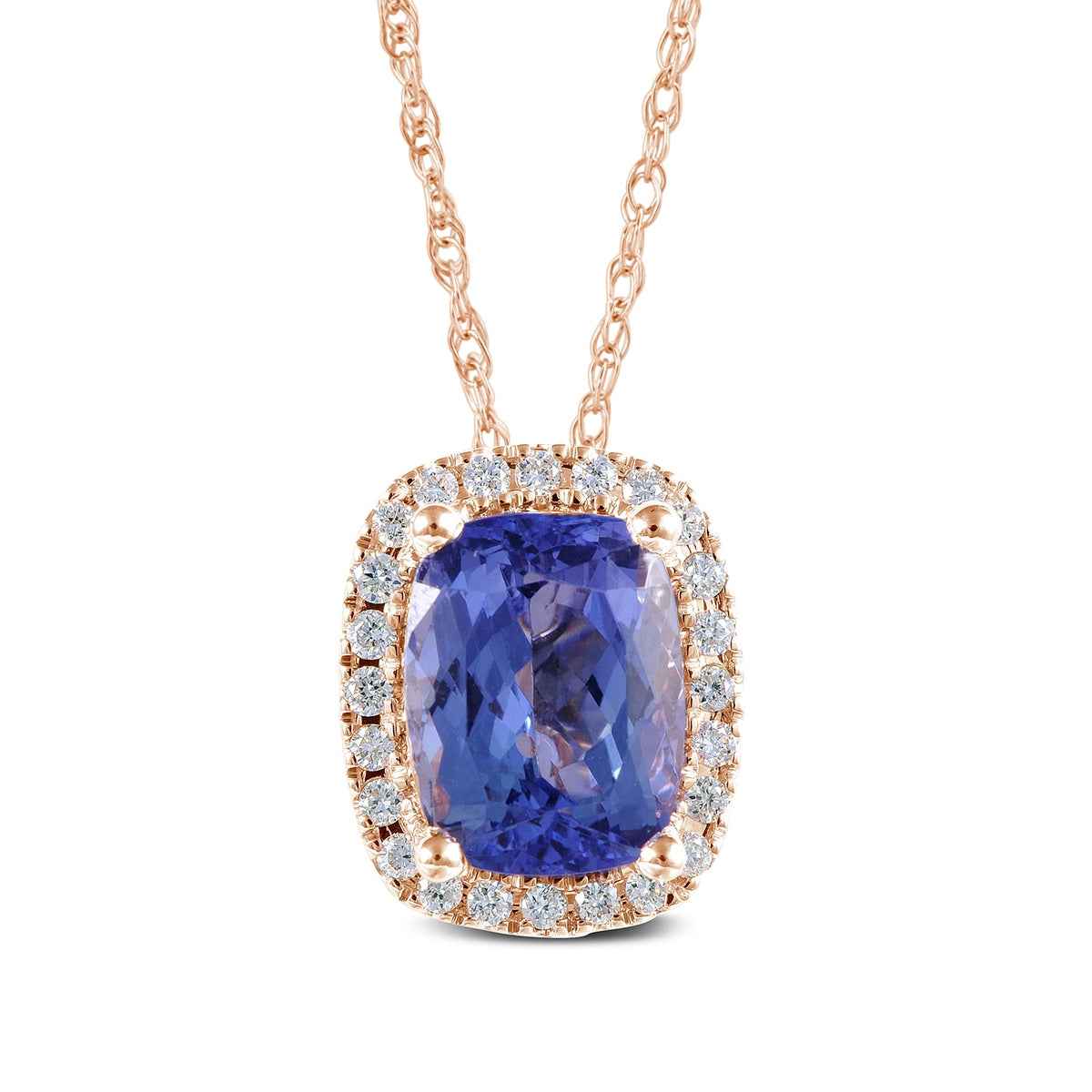 Cushion Tanzanite & 1/6 ct. tw. Diamond Halo Pendant in 10K Pink Gold