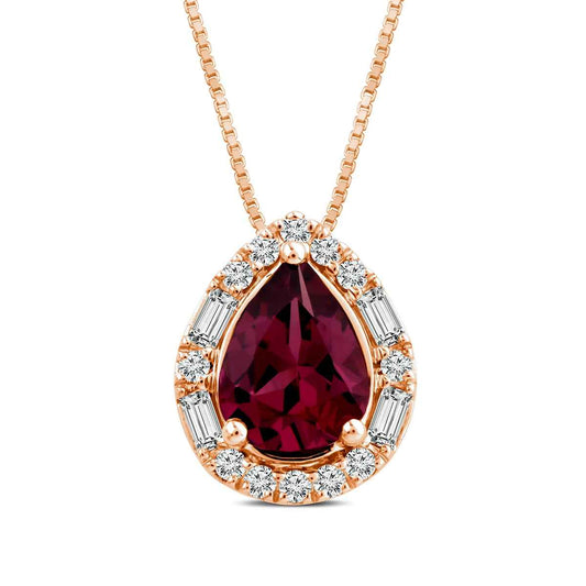 Pear Rhodolite Garnet & 1/5 ct. tw. Diamond Halo Pendant in 10K Pink Gold