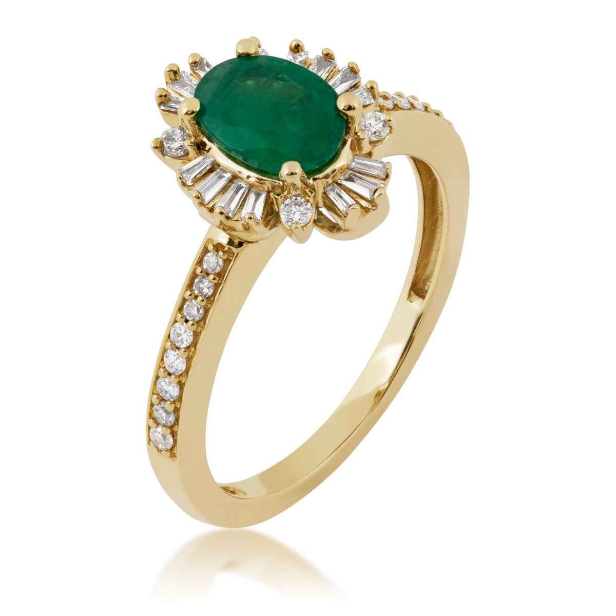 Oval Emerald and 1/4 ct. tw. Diamond Starburst Halo Ring in 10K Yellow Gold front view