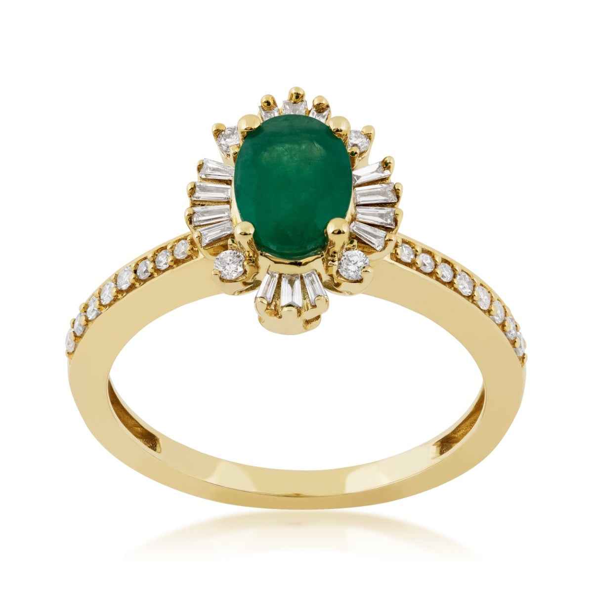 Oval Emerald and 1/4 ct. tw. Diamond Starburst Halo Ring in 10K Yellow Gold