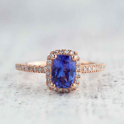 Cushion Tanzanite & 1/4 ct. tw. Diamond Halo Ring in 10K Pink Gold front view