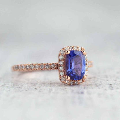 Cushion Tanzanite & 1/4 ct. tw. Diamond Halo Ring in 10K Pink Gold close-up detail