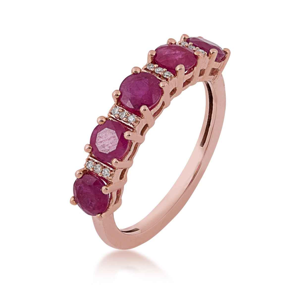 Round 5-Stone Ruby and Diamond Accent Ring in 10K Pink Gold front view