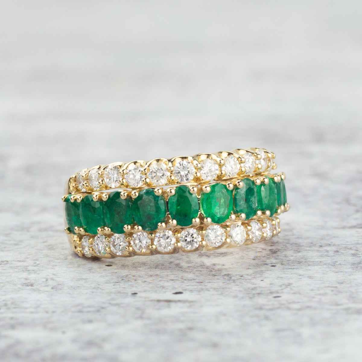 Oval Emerald & 1 ct. tw. Diamond Multirow Fashion Ring in 10K Yellow Gold front view