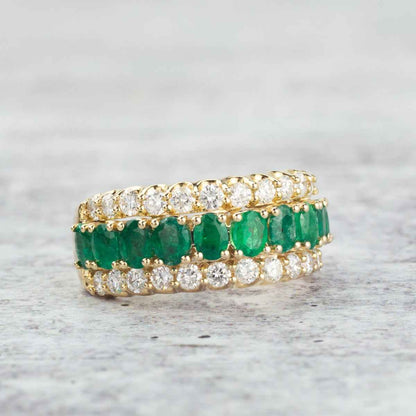 Oval Emerald & 1 ct. tw. Diamond Multirow Fashion Ring in 10K Yellow Gold front view