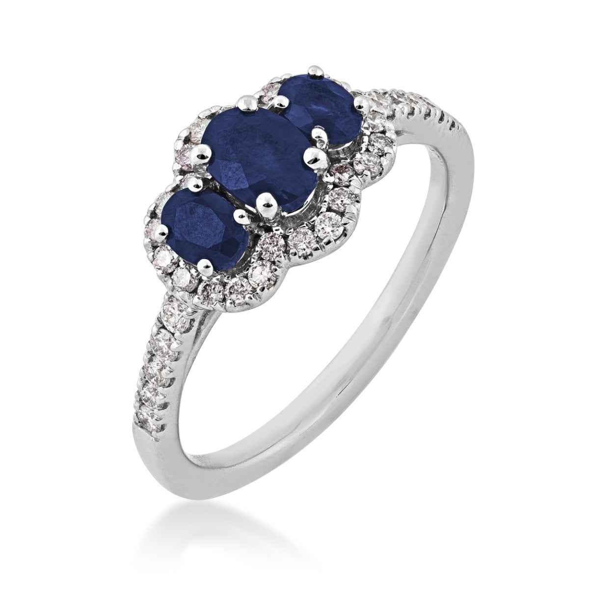 3-Stone Oval Sapphire & 1/3 ct. tw. Diamond Halo Ring in 14K White Gold front view