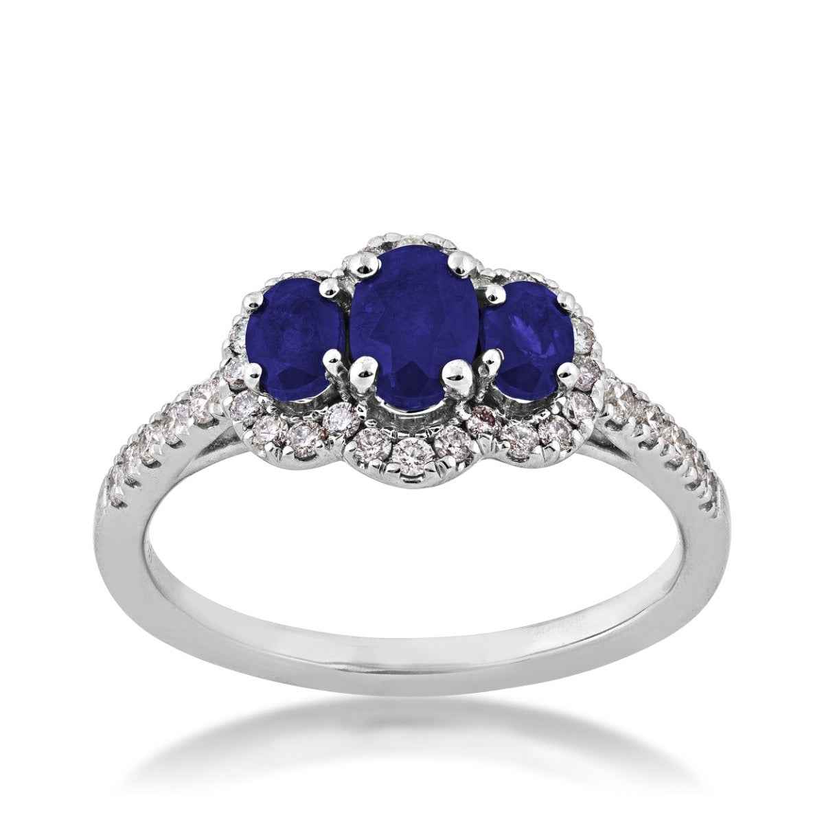 3-Stone Oval Sapphire & 1/3 ct. tw. Diamond Halo Ring in 14K White Gold
