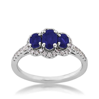 3-Stone Oval Sapphire & 1/3 ct. tw. Diamond Halo Ring in 14K White Gold