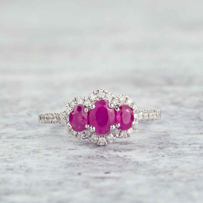 3-Stone Oval Ruby & 1/3 ct. tw. Diamond Halo Ring in 14K White Gold close-up detail