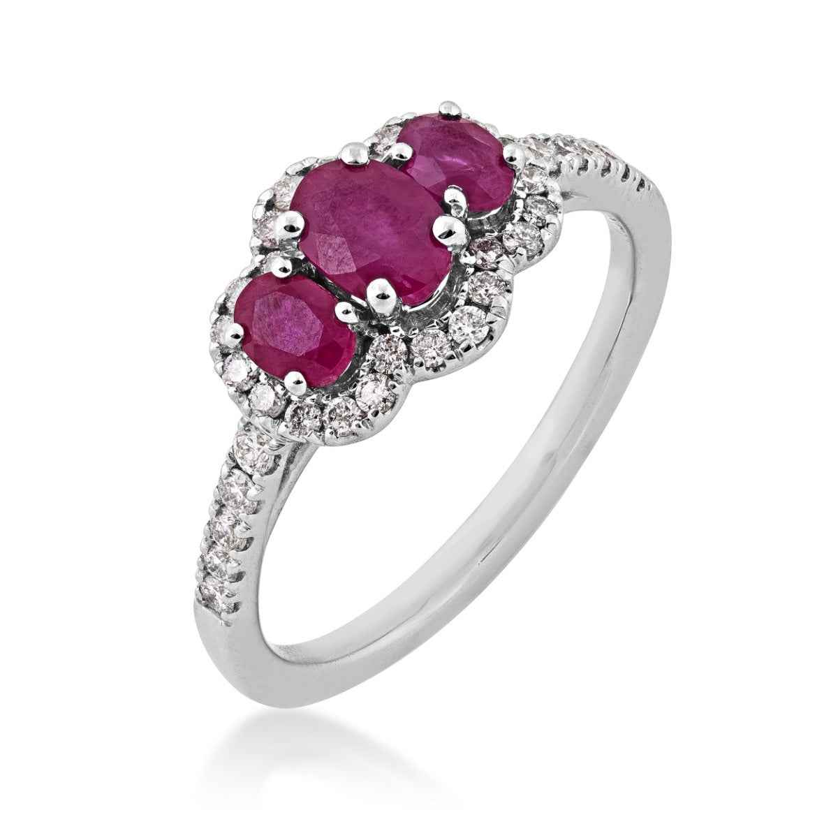 3-Stone Oval Ruby & 1/3 ct. tw. Diamond Halo Ring in 14K White Gold front view