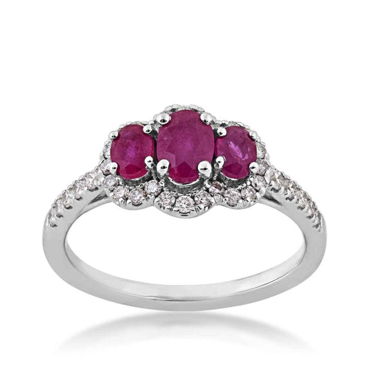 3-Stone Oval Ruby & 1/3 ct. tw. Diamond Halo Ring in 14K White Gold