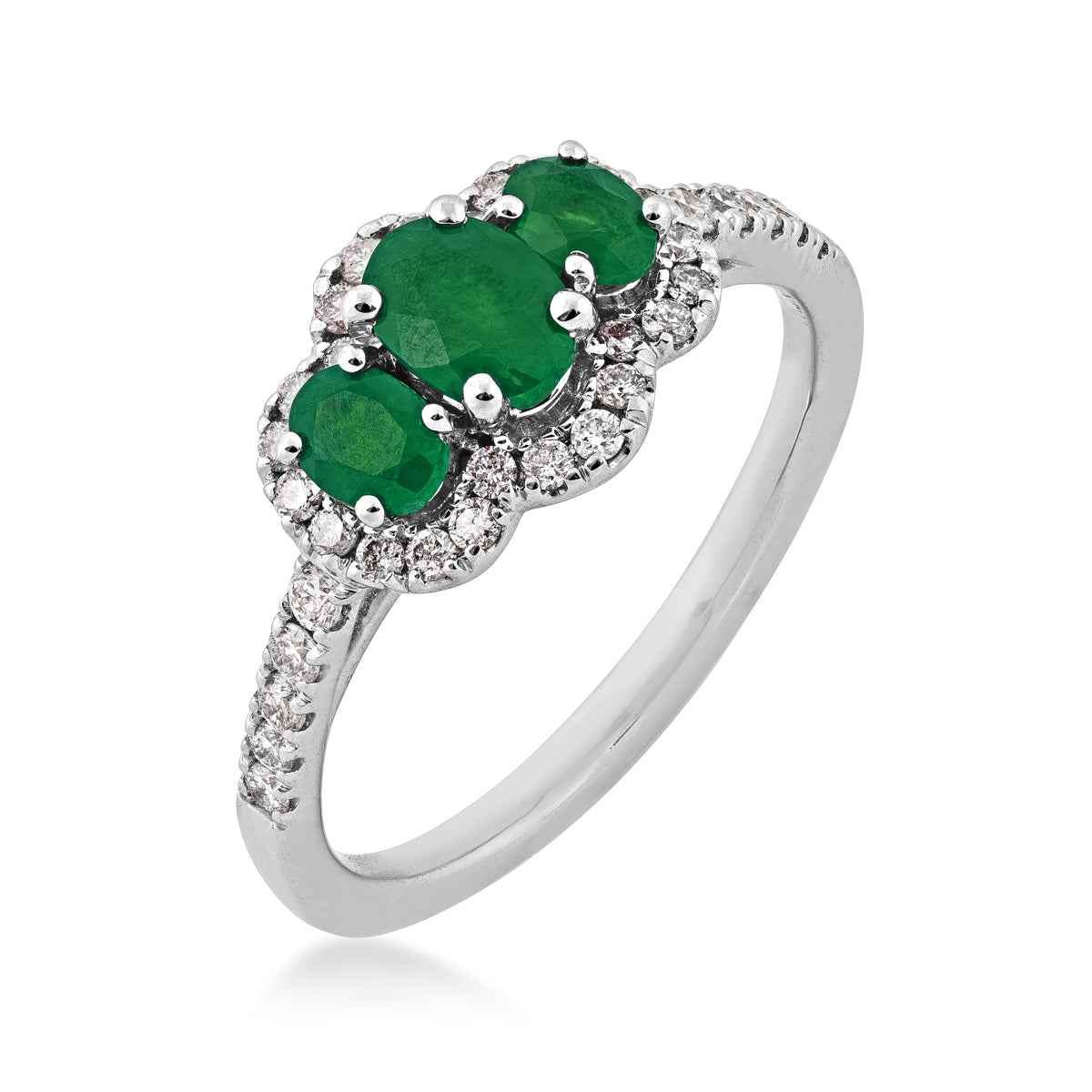 3-Stone Oval Emerald & 1/3 ct. tw. Diamond Halo Ring in 14K White Gold front view