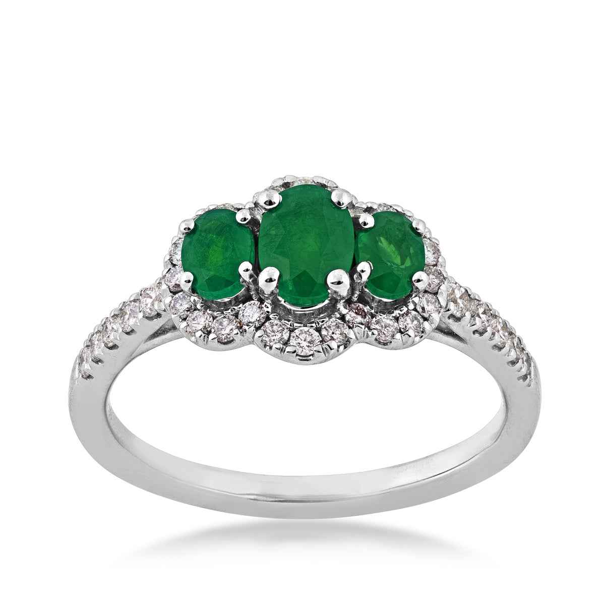 3-Stone Oval Emerald & 1/3 ct. tw. Diamond Halo Ring in 14K White Gold