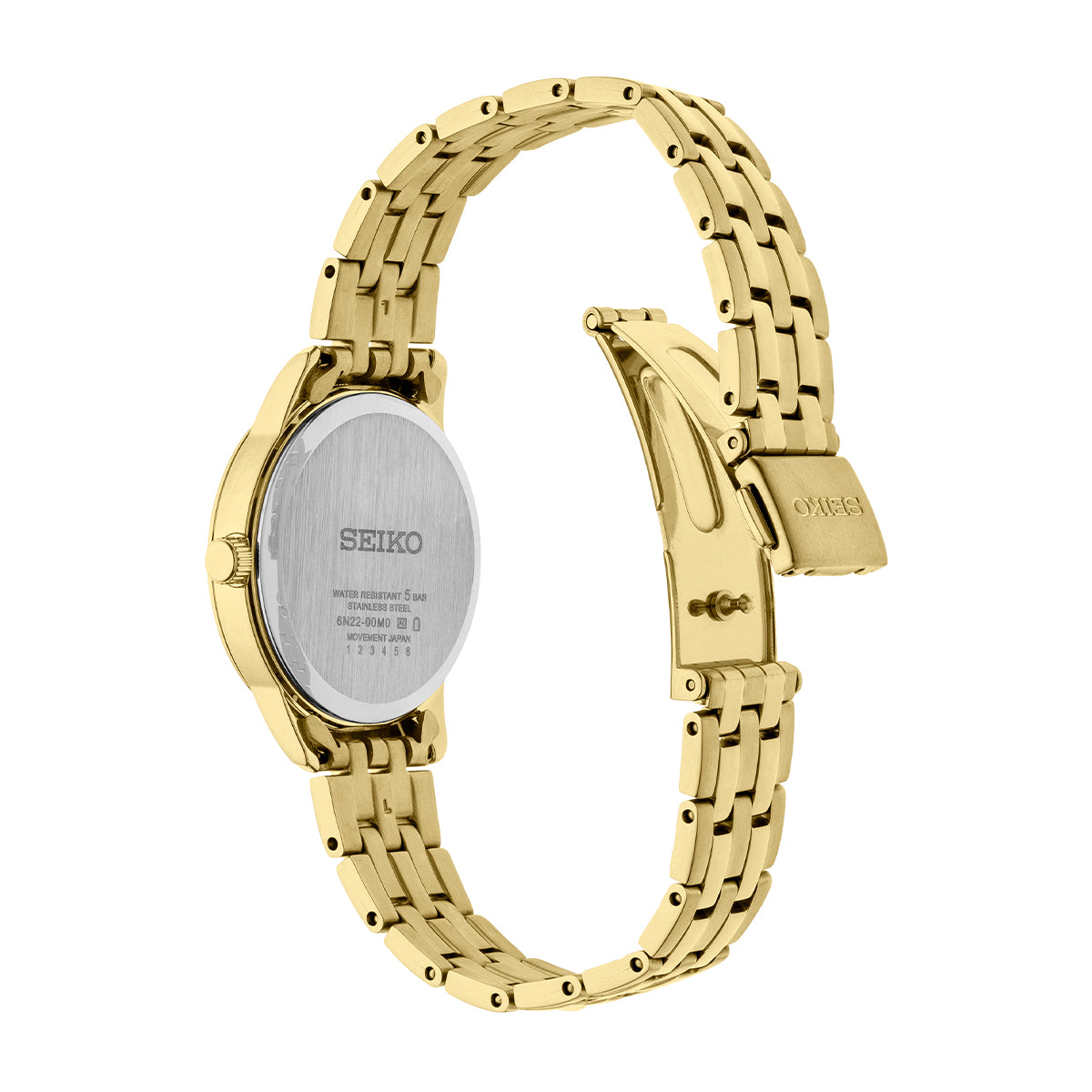 Seiko women's quartz watch with champagne dial, gold-tone stainless steel bracelet and date display