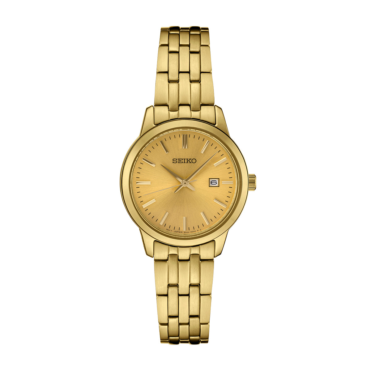 Seiko women's quartz watch with champagne dial, gold-tone stainless steel bracelet and date display