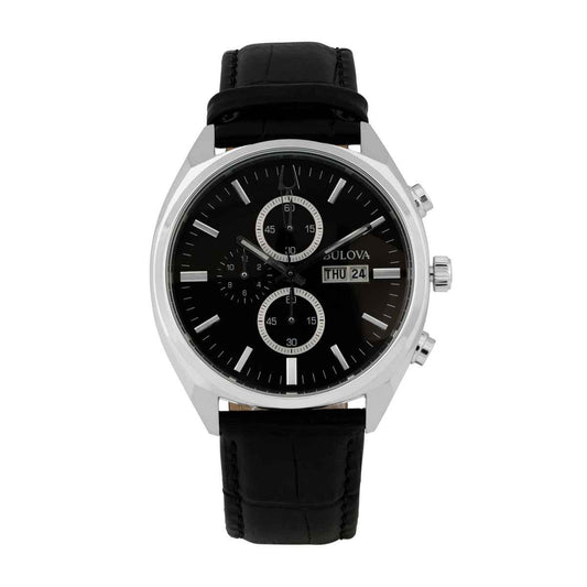 Bulova Men's Black Leather Chronograph Watch with Black Dial