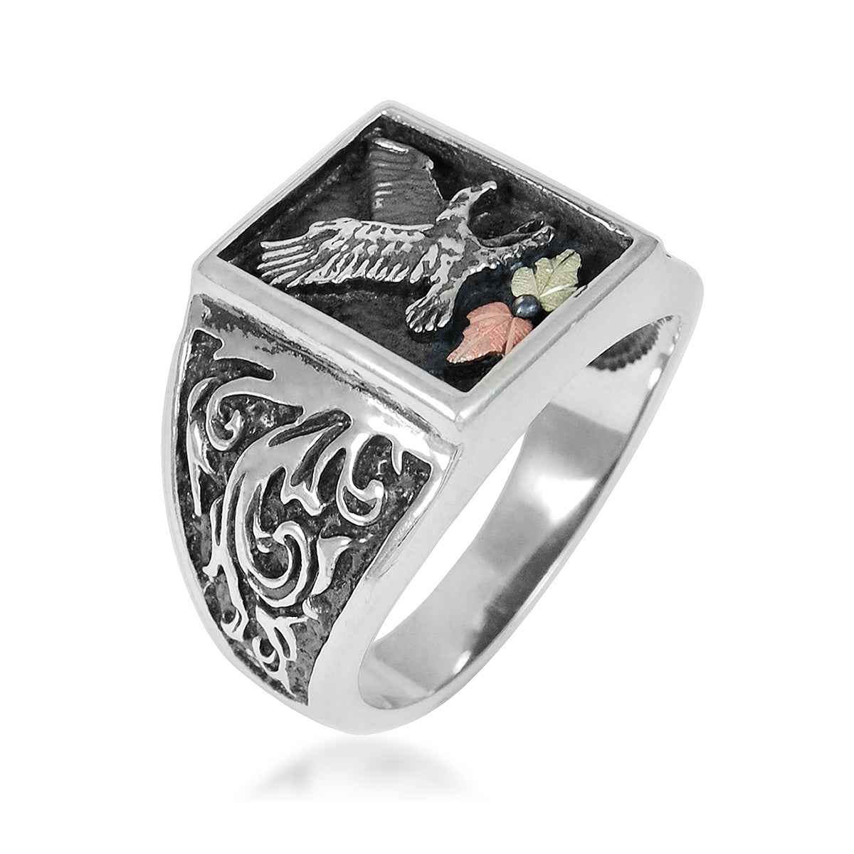Black Hills Gold Men's Oxidized Eagle & Filigree Ring in Sterling Silver front view