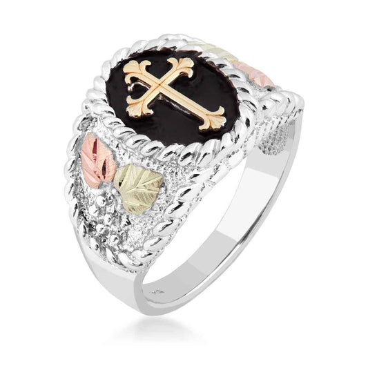 Black Hills Gold Men's Rope Textured Cross Ring in Sterling Silver & 10K Yellow Gold front view