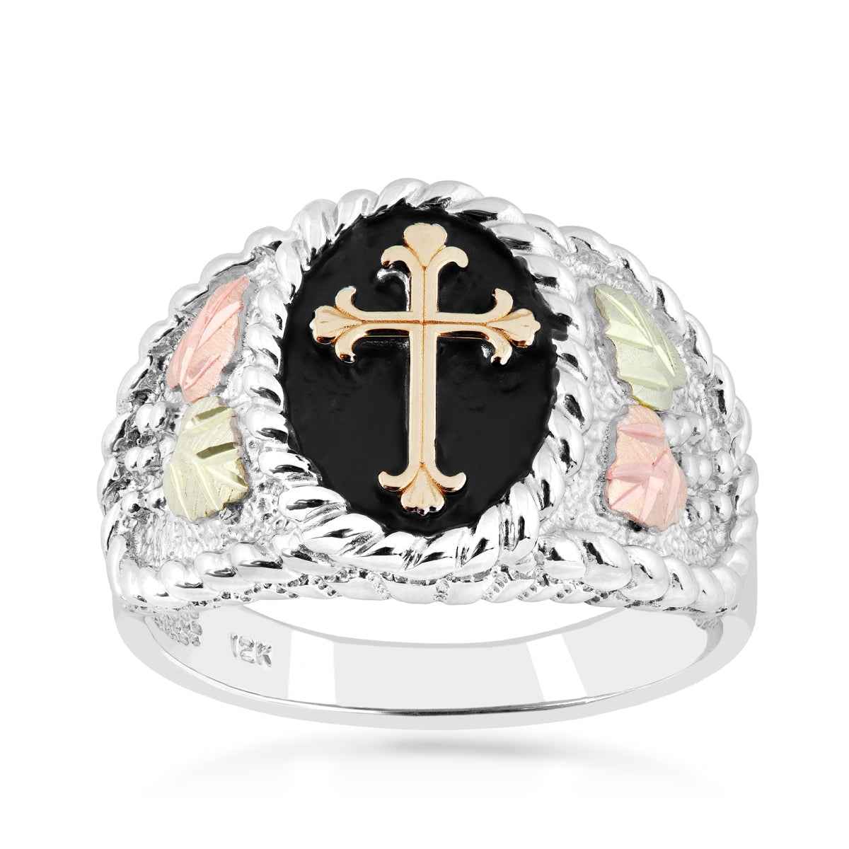 Black Hills Gold Men's Rope Textured Cross Ring in Sterling Silver & 10K Yellow Gold