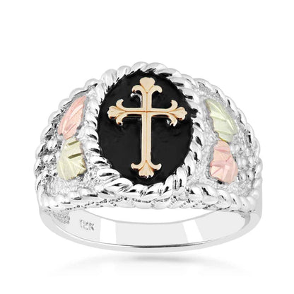 Black Hills Gold Men's Rope Textured Cross Ring in Sterling Silver & 10K Yellow Gold